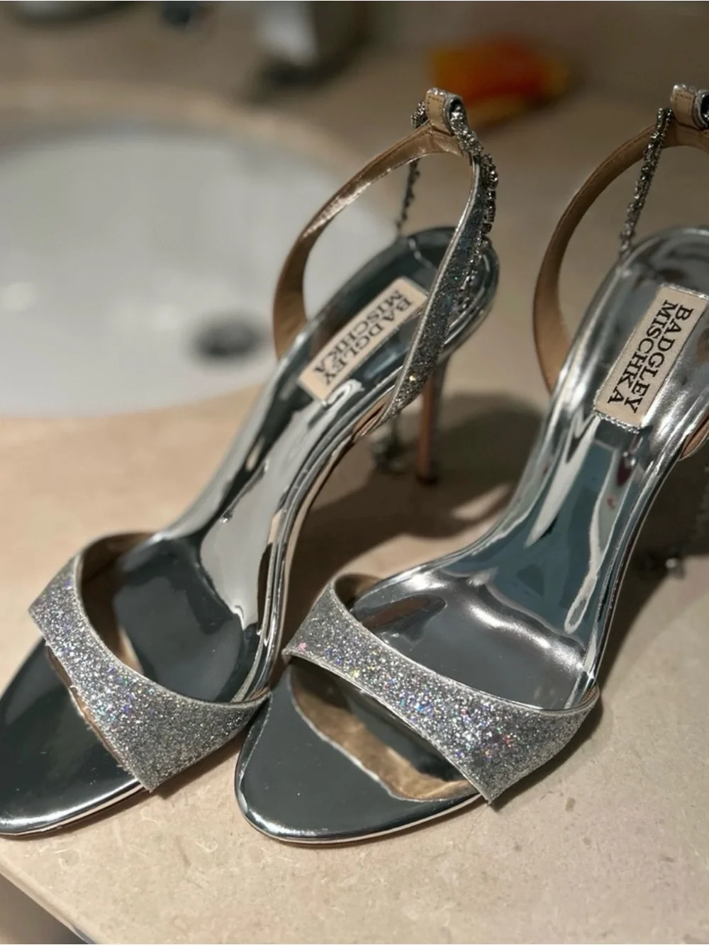 Badgley Mischka Silver Glitter Strap Slingback Heels